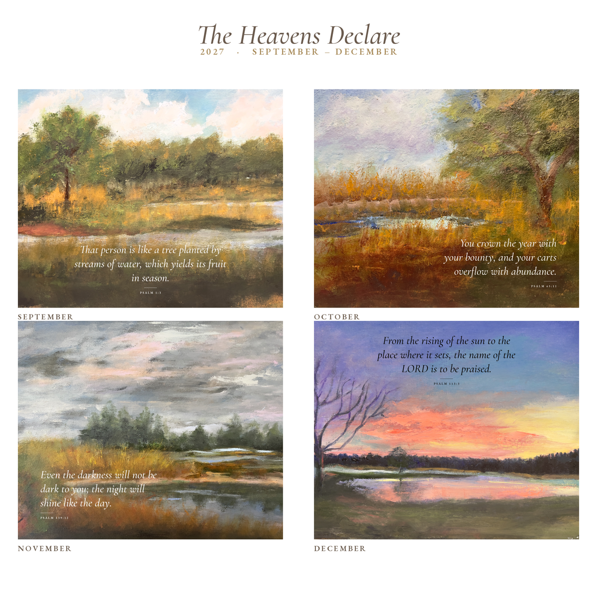 2027 Christian Wall Calendar, Trish Gober Oil Paintings, Bible Verses, Southern Skies Art