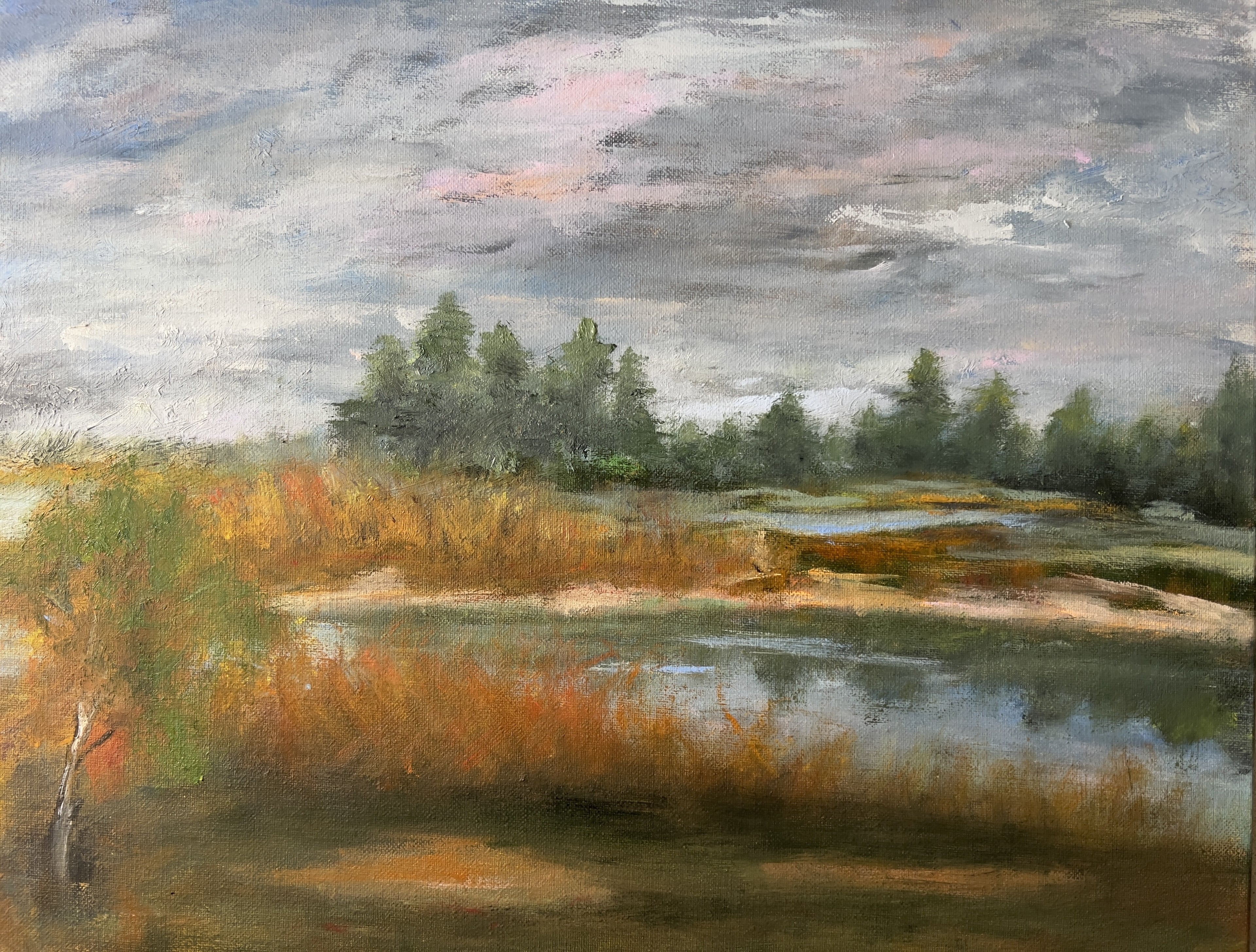 Painting of a landscape with trees, grass, and a cloudy sky.