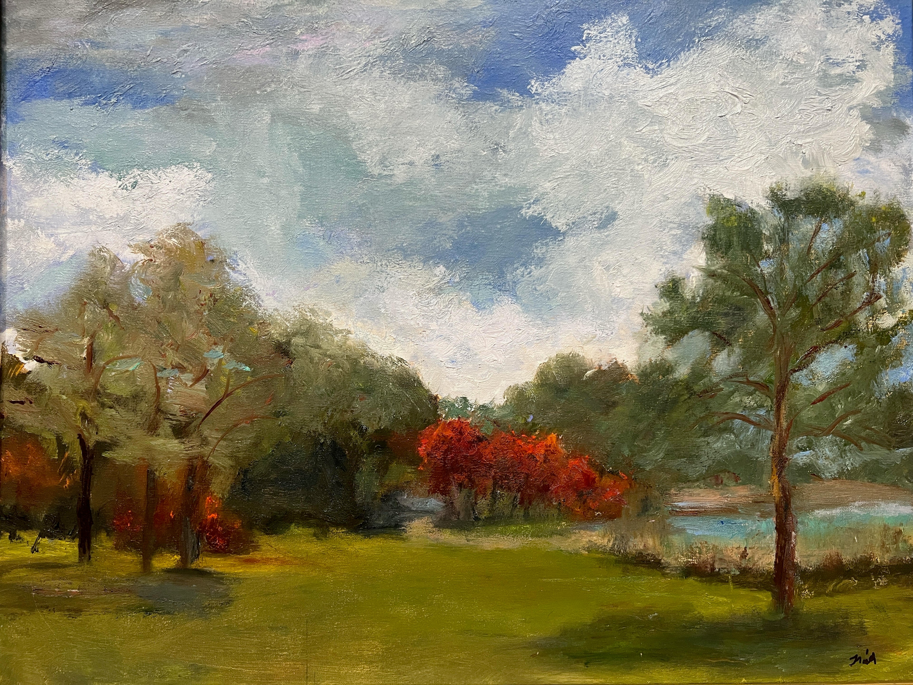 Impressionist painting of still water with soft sky reflections and gentle light