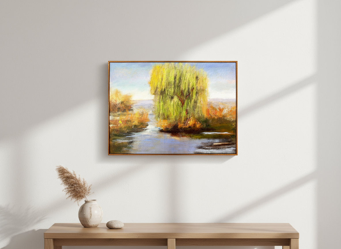 Impressionist painting of a willow tree with golden light reflected on still water