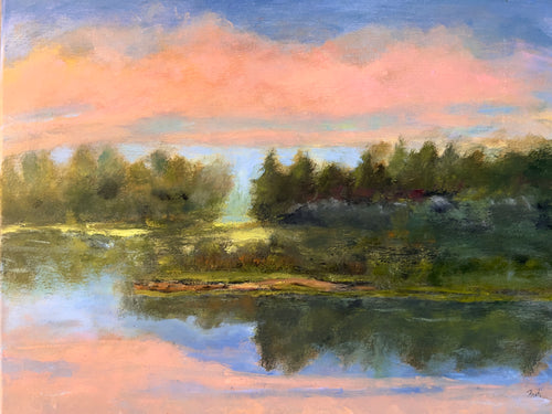 Impressionist painting of a calm lake with distant trees and soft pink light reflecting on still water