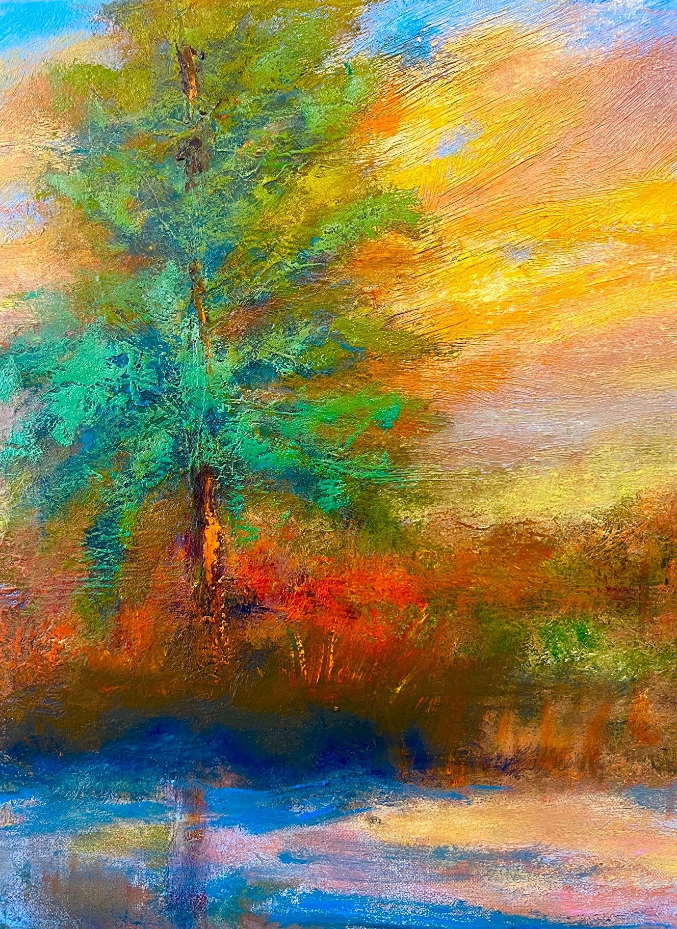Impressionist painting of a radiant sunrise over the horizon with vivid yellow and red sky