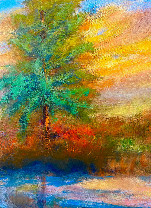 Impressionist painting of a radiant sunrise over the horizon with vivid yellow and red sky