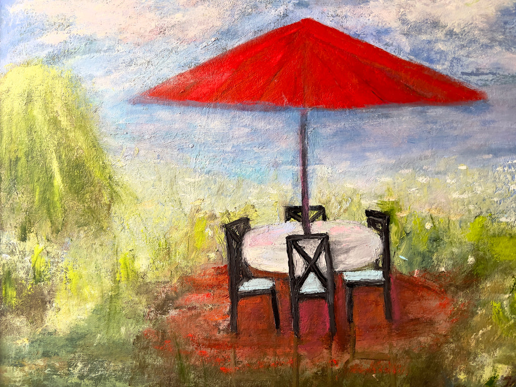 Impressionistic painting of an outdoor setting with a red umbrella, table, and chairs.