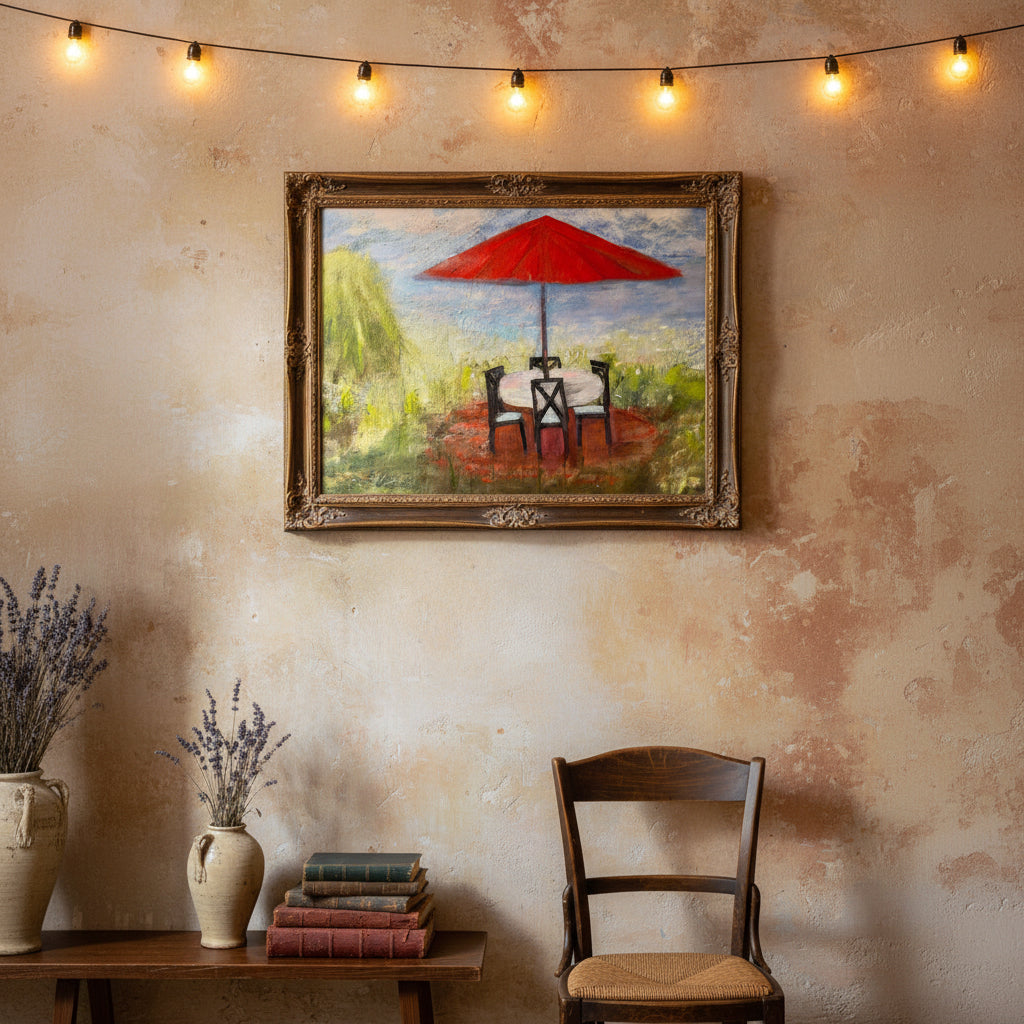 Painting of an outdoor setting with a red umbrella, table, and chairs.
