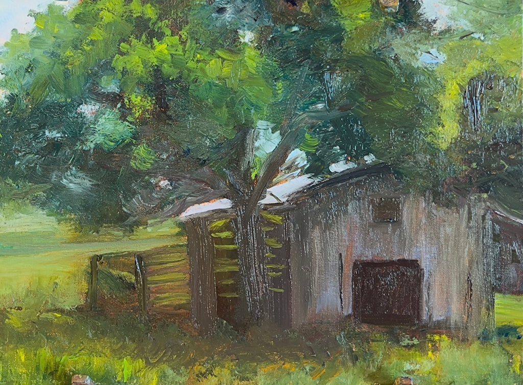 Impressionist painting of a weathered barn with green trees and warm golden light