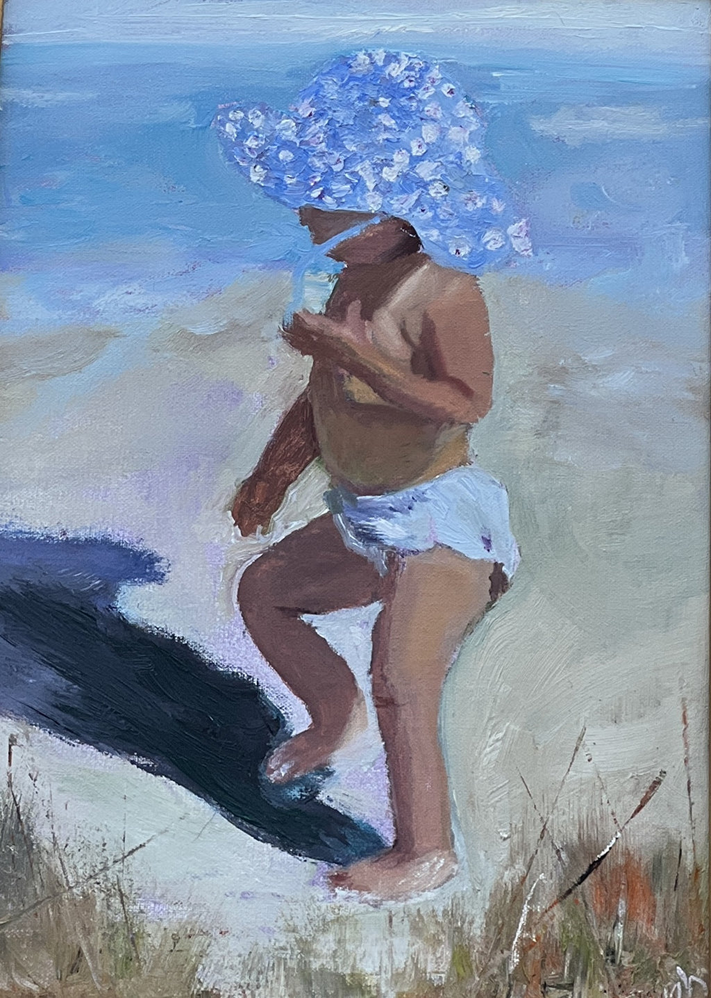 Impressionist painting of a young girl in a wide polka-dotted blue hat with beach shoreline and bright summer light
