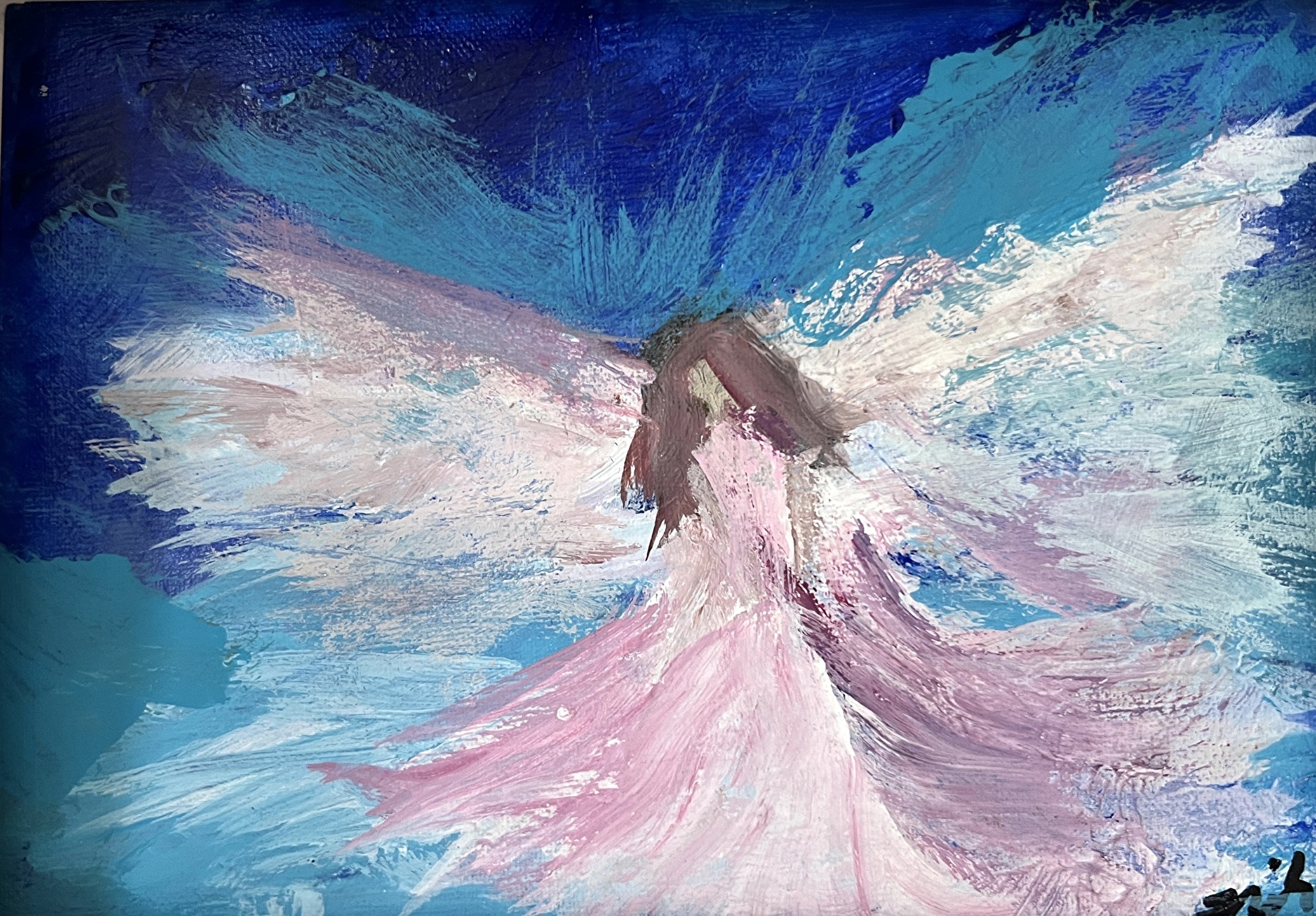 Impressionist painting of a luminous abstract figure with swirling pink and blue brushstrokes and soft white light