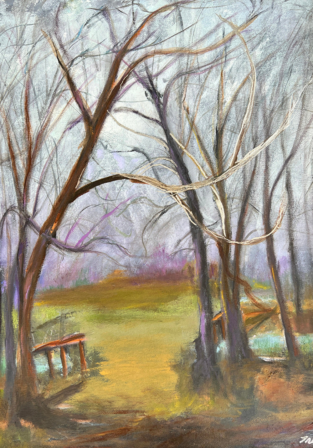 Impressionist painting of a landscape with gathering storm clouds, trees, and soft light before rain