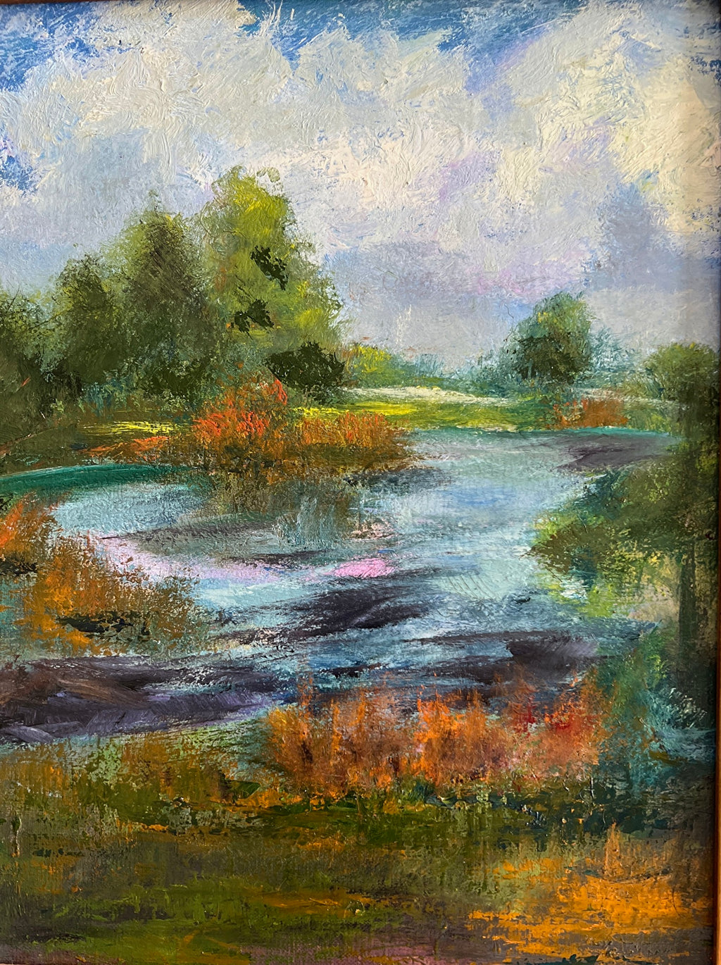 Impressionist painting of trees with golden morning light over dew-lit grass