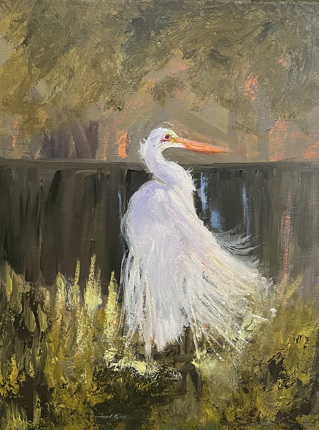 Impressionist painting of a white egret standing in marsh water with subtle reflections and warm sunlight