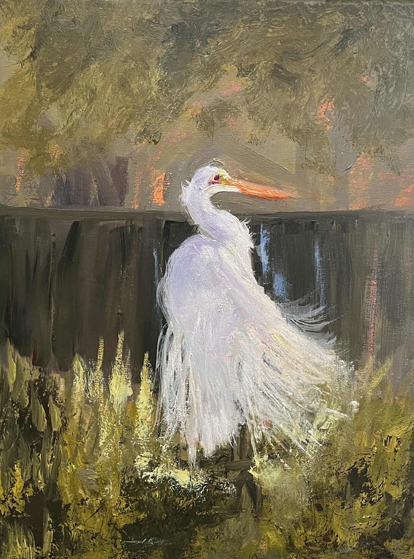 Impressionist painting of a white egret standing in marsh water with subtle reflections and warm sunlight
