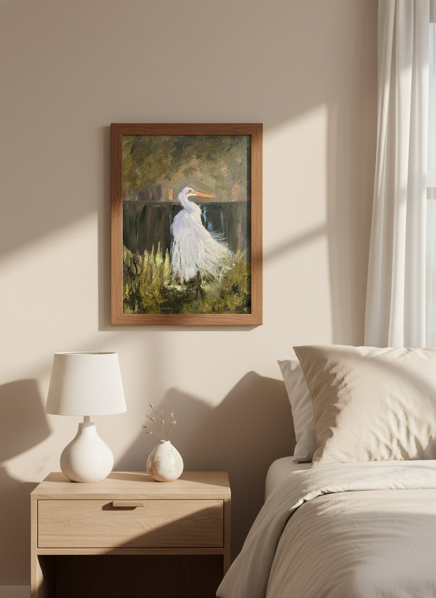 Impressionist painting of a white egret standing in marsh water with subtle reflections and warm sunlight