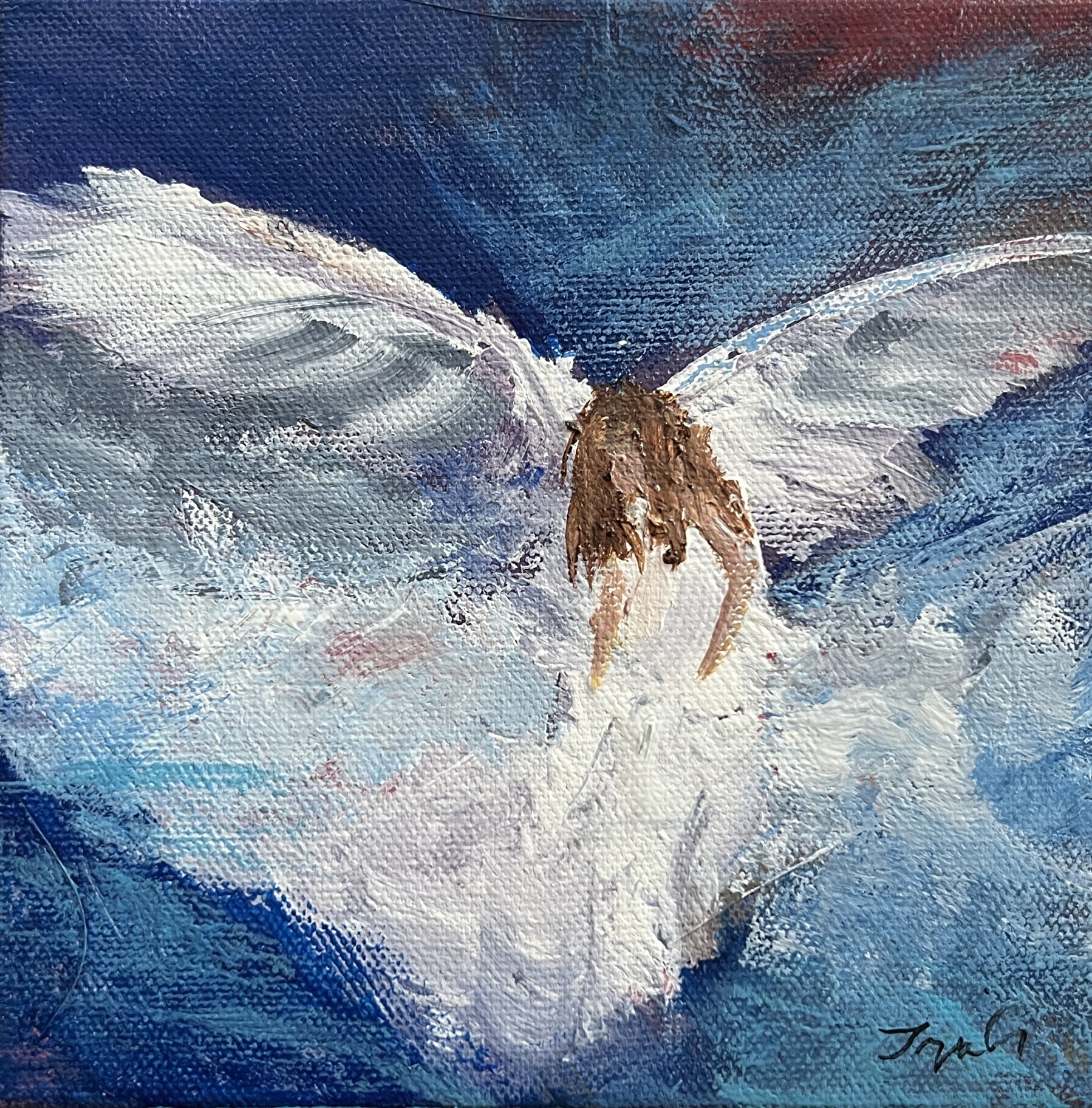 Impressionist painting of swirling white and blue light suggesting wings and airy movement