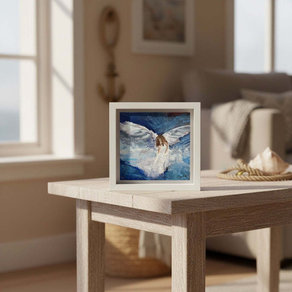 Impressionist painting of swirling white and blue light suggesting wings and airy movement
