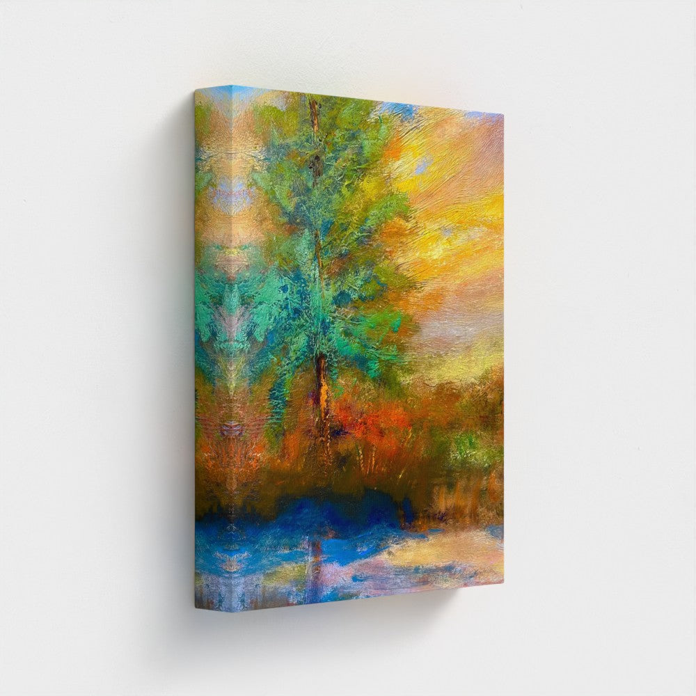 Impressionist painting of a radiant sunrise over the horizon with vivid yellow and red sky