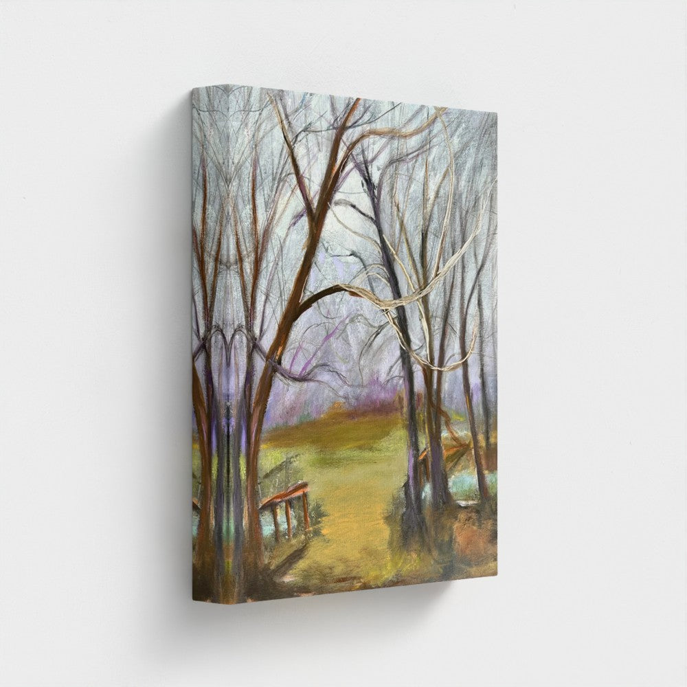 Impressionist painting of a landscape with gathering storm clouds, trees, and soft light before rain