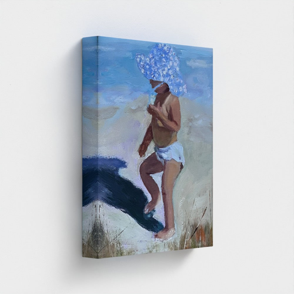 Impressionist painting of a young child in a wide polka-dotted blue hat with beach shoreline and bright summer light