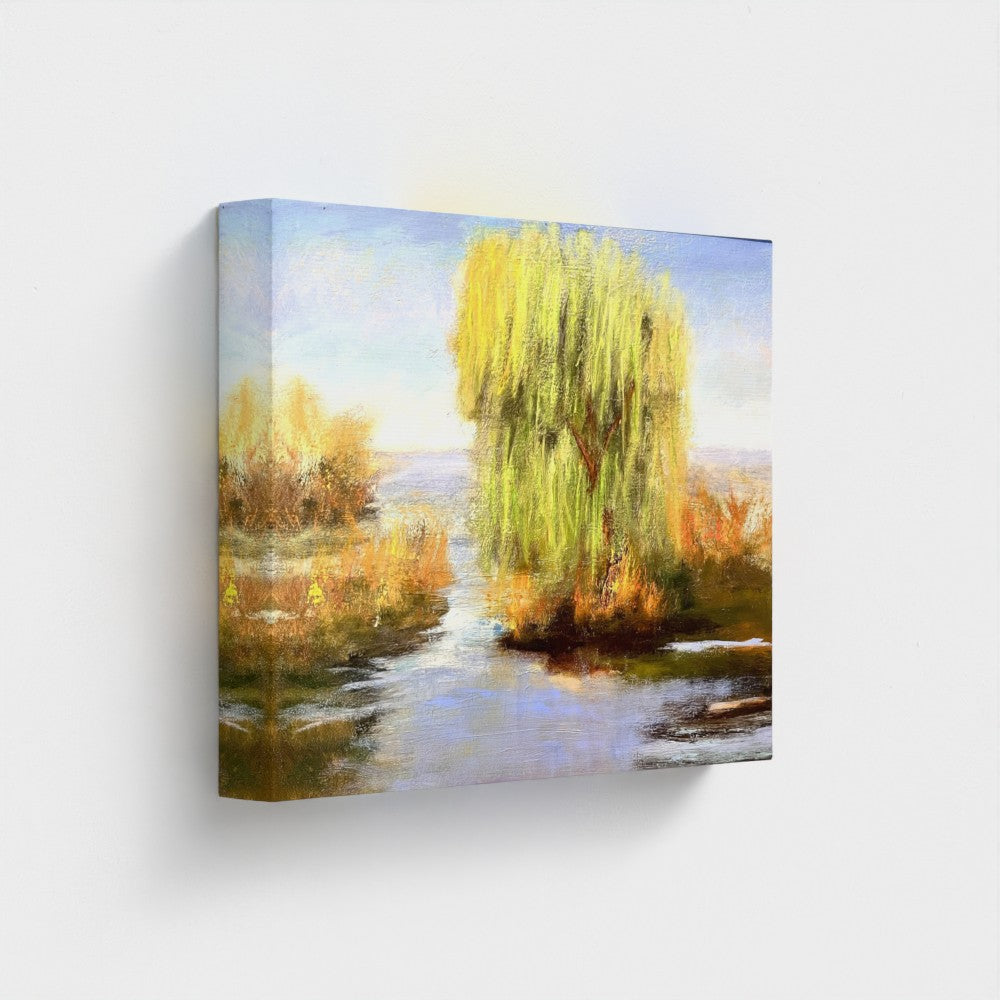 Impressionist painting of a willow tree with golden light reflected on still water