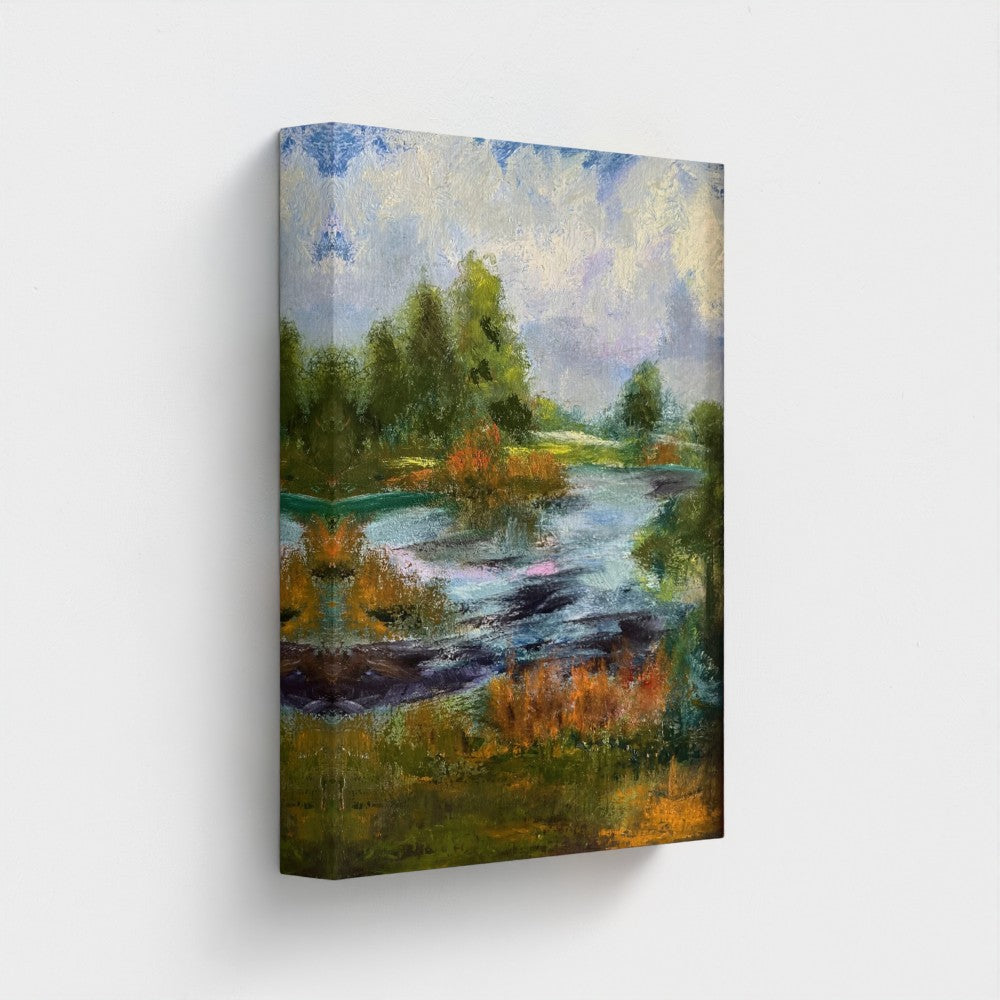 Impressionist painting of trees with golden morning light over dew-lit grass