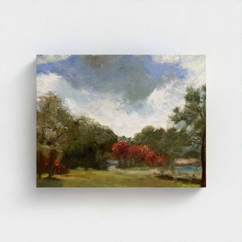 Impressionist painting of still water with soft sky reflections and gentle light