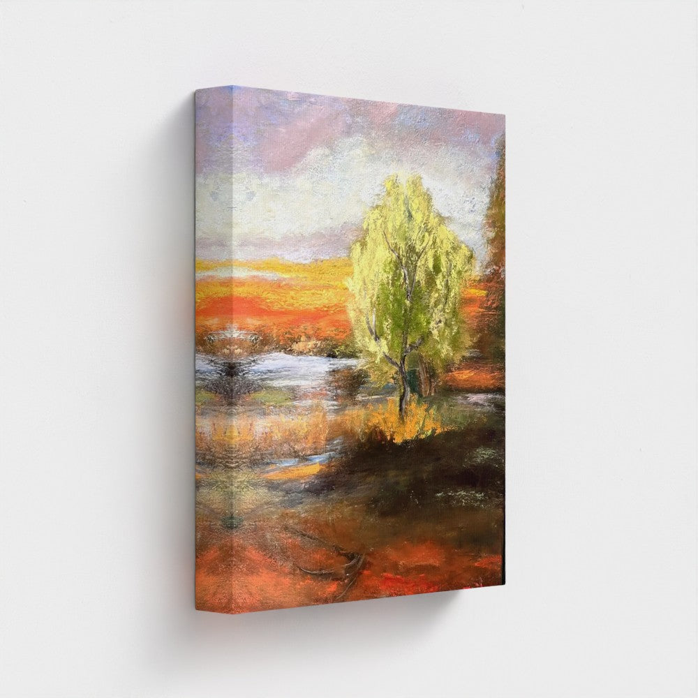 Impressionist painting of a bright green spring tree with golden sunset light over land and water