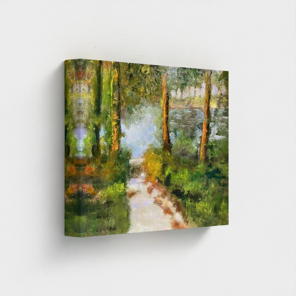 Impressionist painting of a forest lake with trees, a shoreline path, and soft morning light