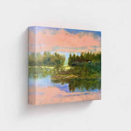 Impressionist canvas painting of a calm lake with distant trees and soft pink light reflecting on still water