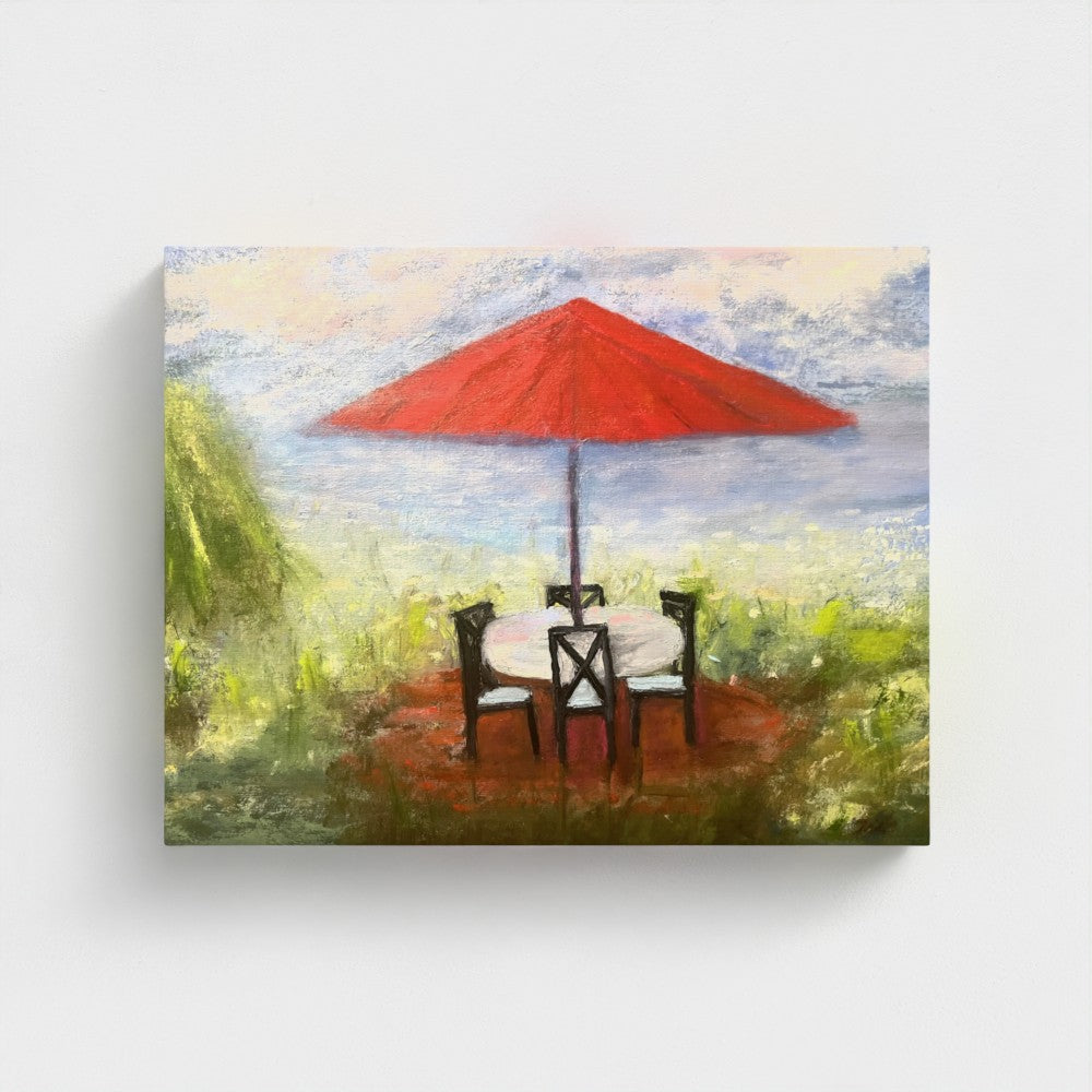 Impressionistic painting of an outdoor setting with a red umbrella, table, and chairs.