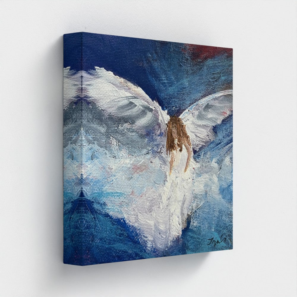 Impressionist painting of swirling white and blue light suggesting wings and airy movement
