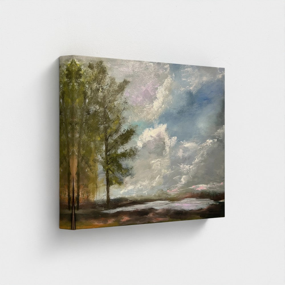 Impressionist painting of tranquil blue water with a soft misty sky and hints of golden light