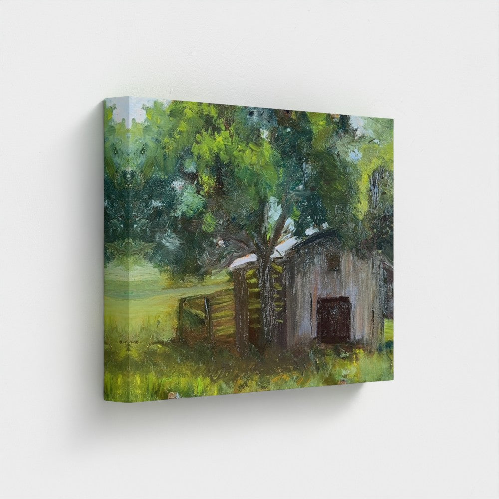 Impressionist painting of a weathered barn with green trees and warm golden light