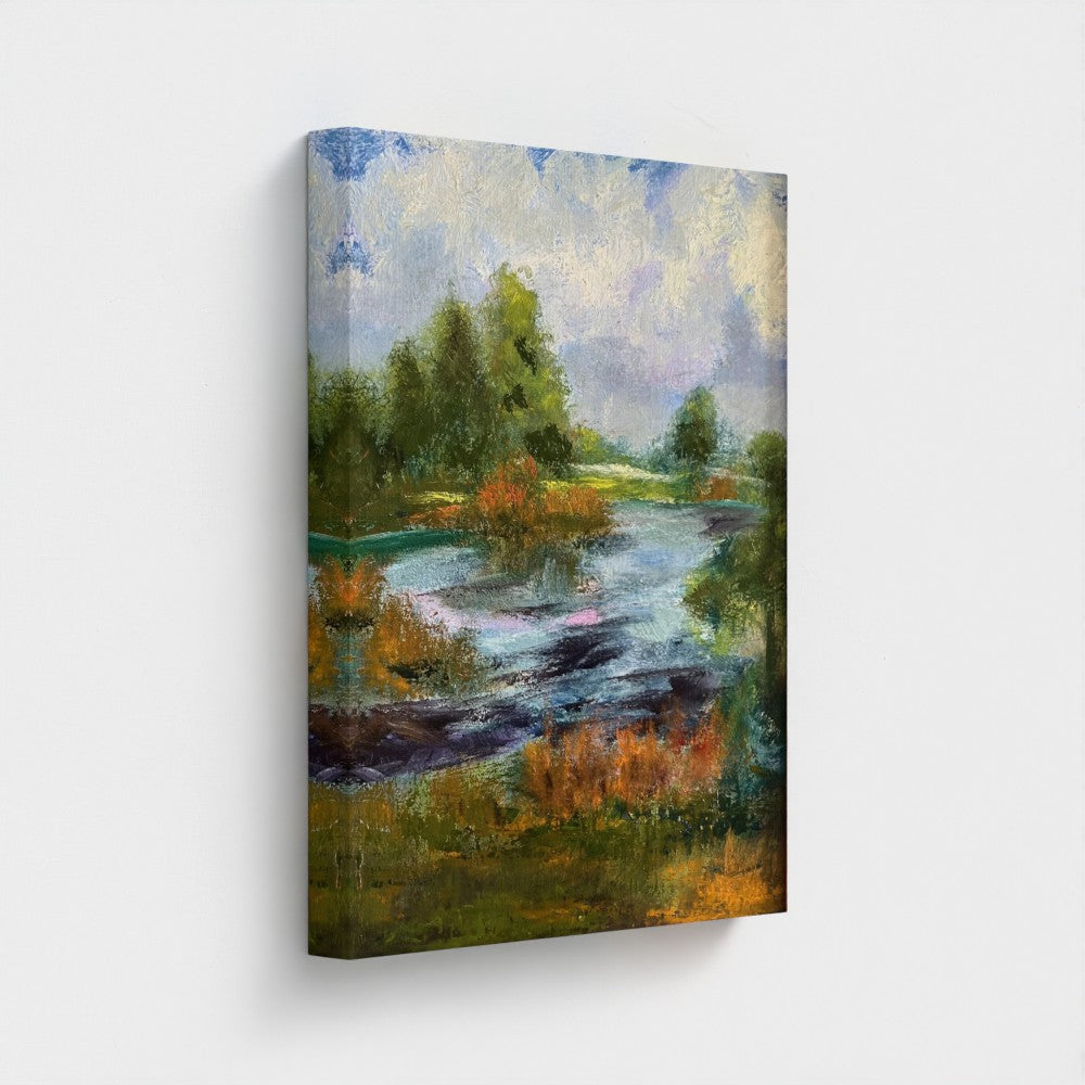 Impressionist painting of trees with golden morning light over dew-lit grass