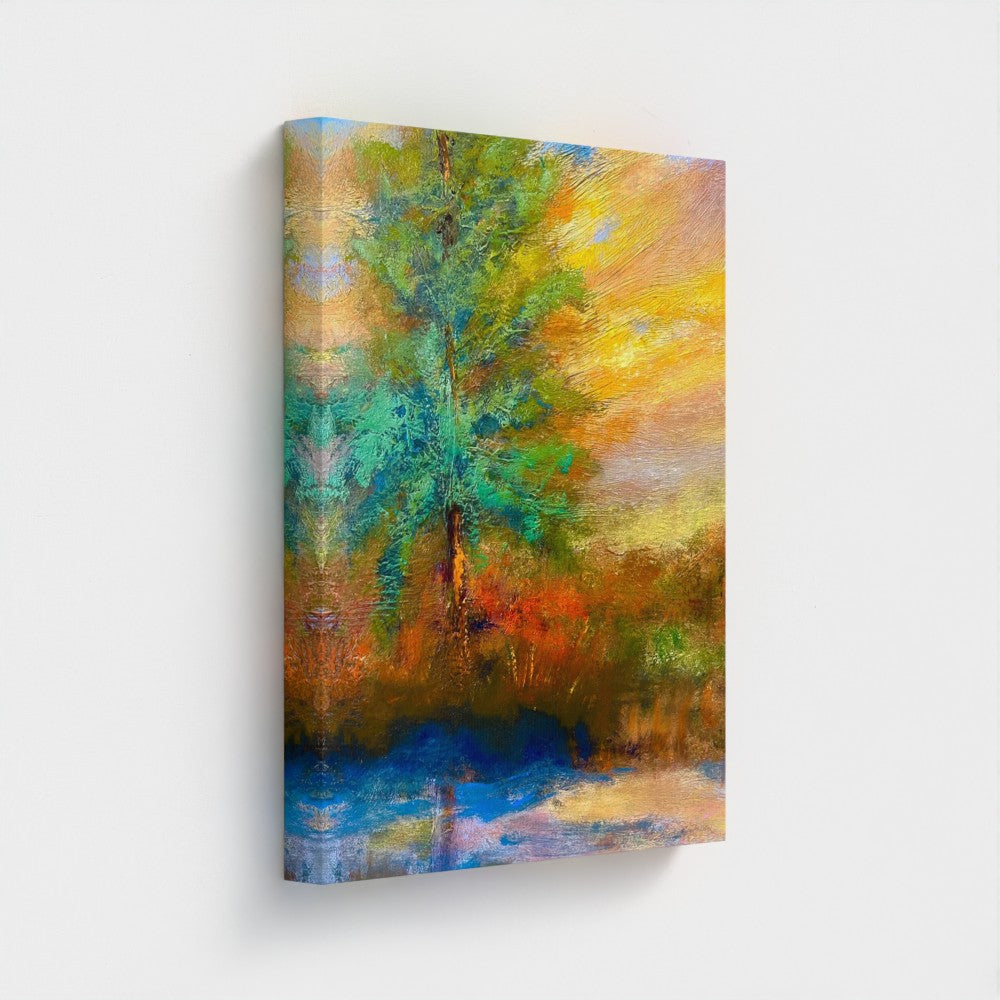 Impressionist painting on canvas of a radiant sunrise over the horizon with vivid yellow and red sky