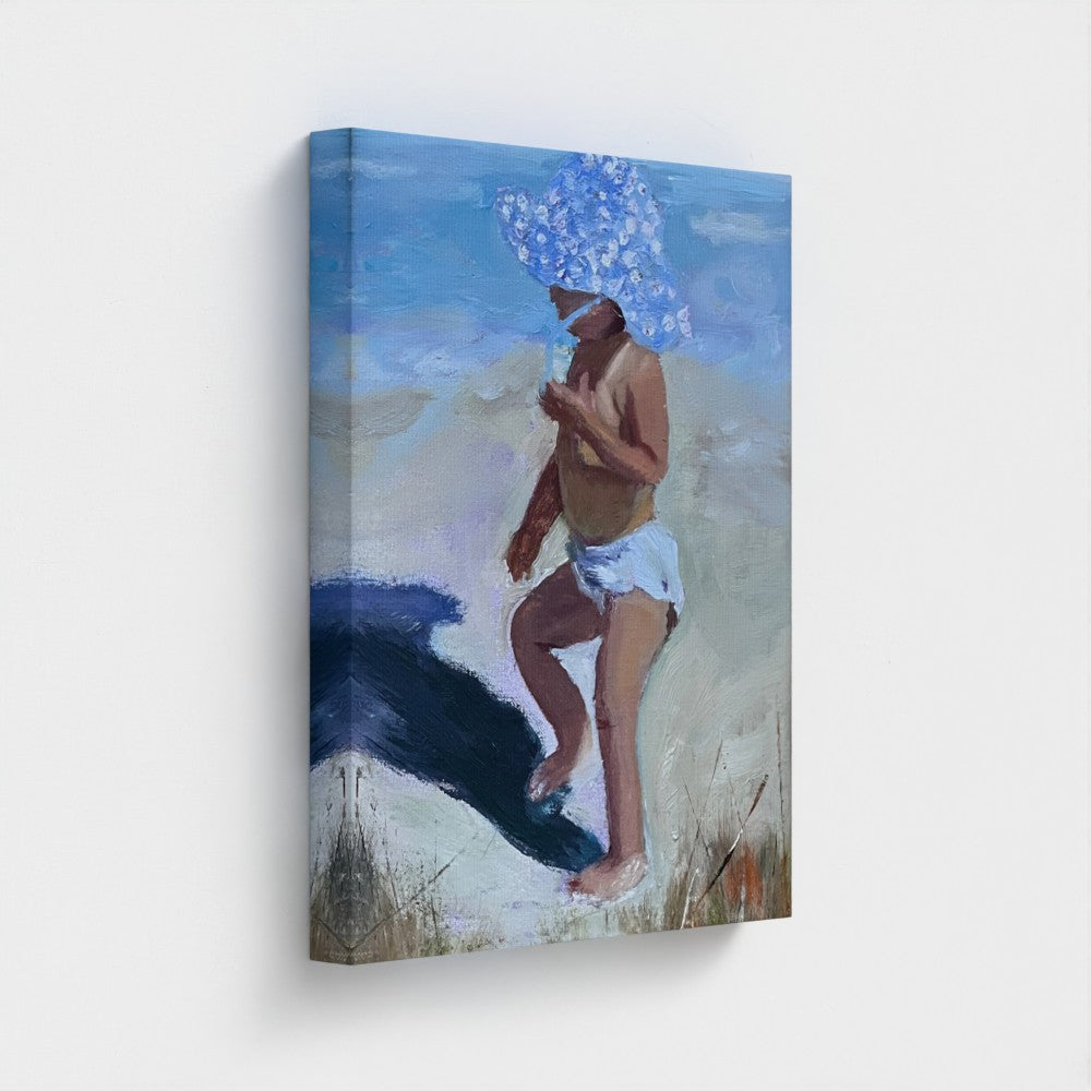 Impressionist painting of a young child in a wide polka-dotted blue hat with beach shoreline and bright summer light
