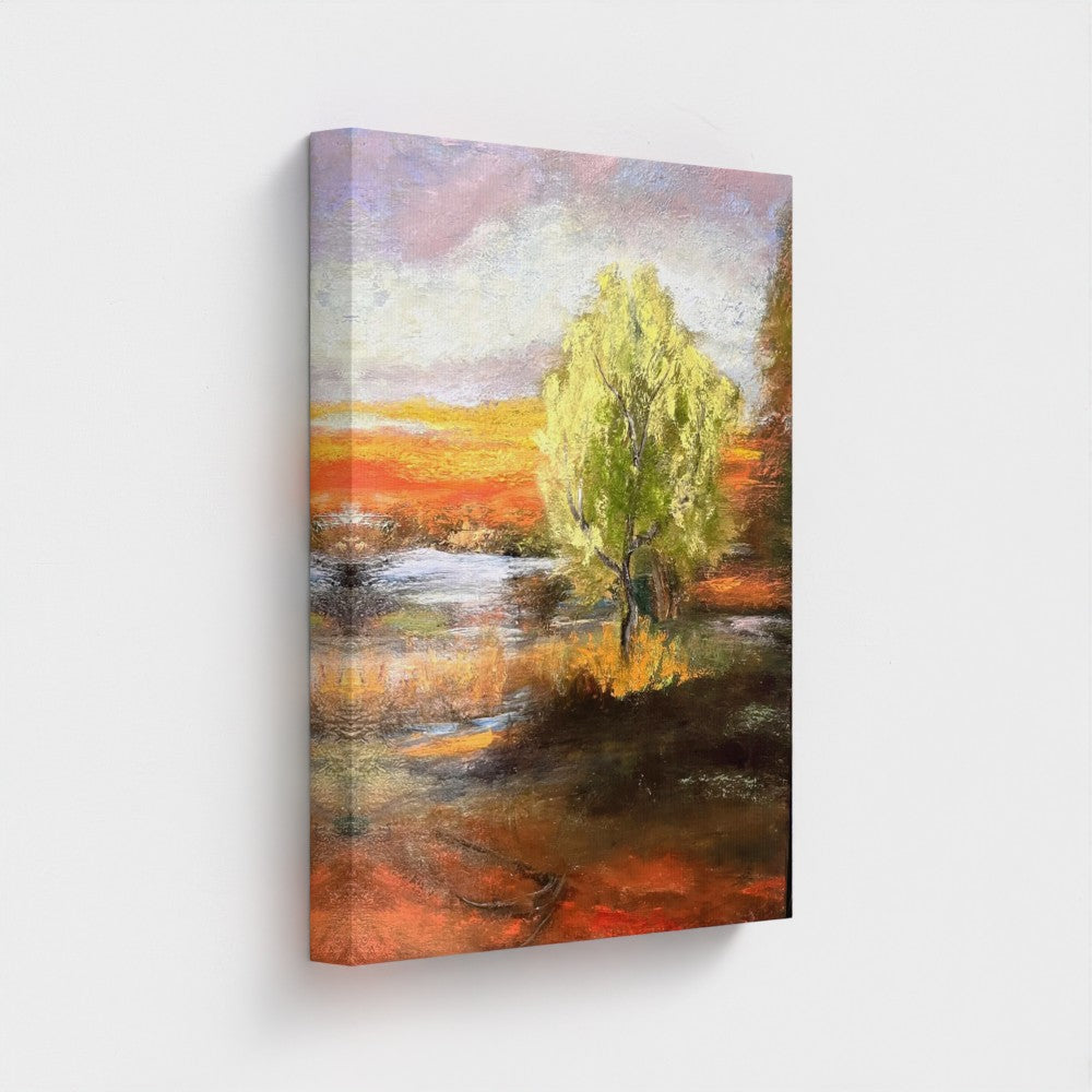 Impressionist painting of a bright green spring tree with golden sunset light over land and water
