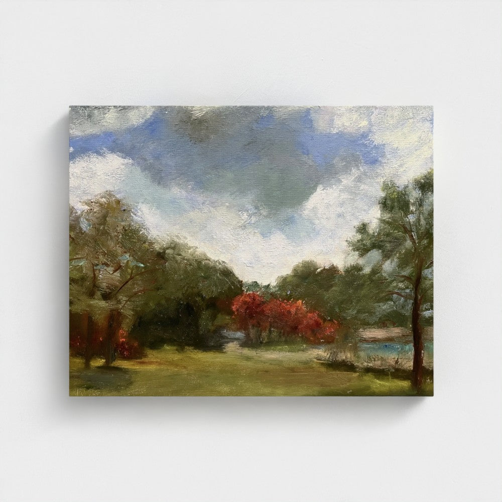 Impressionist painting of still water with soft sky reflections and gentle light