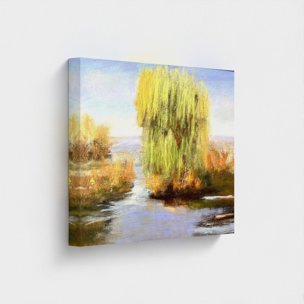 Impressionist painting of a willow tree with golden light reflected on still water