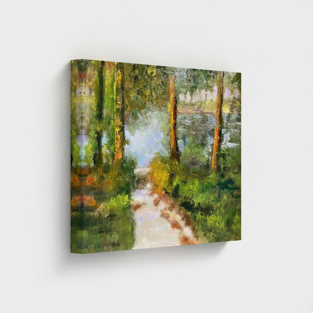 Impressionist painting of a forest lake with trees, a shoreline path, and soft morning light
