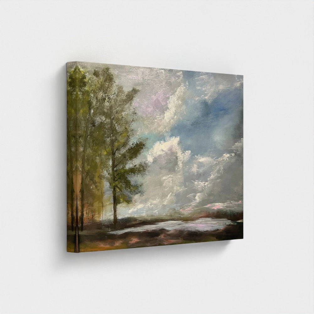 Impressionist painting of tranquil blue water with a soft misty sky and hints of golden light