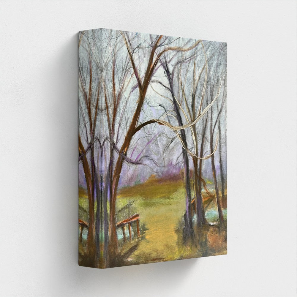 Impressionist painting of a landscape with gathering storm clouds, trees, and soft light before rain