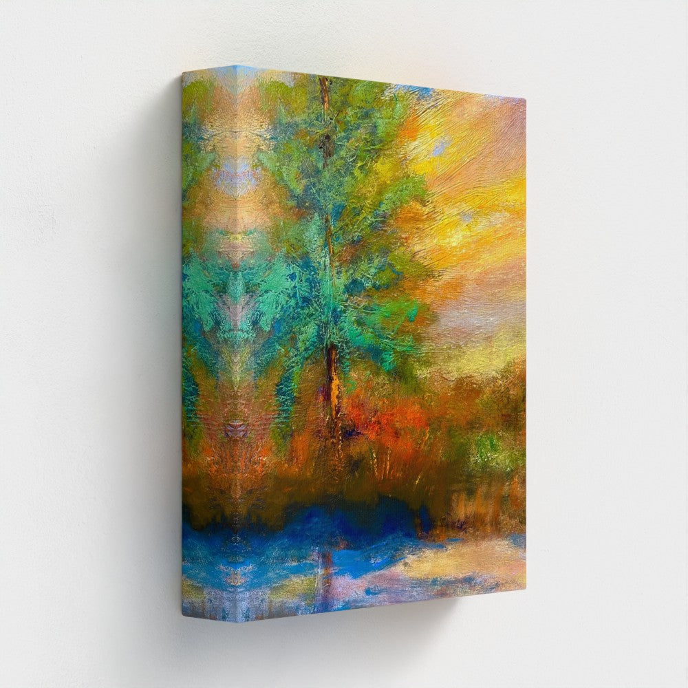 Impressionist painting on canvas of a radiant sunrise over the horizon with vivid yellow and red sky
