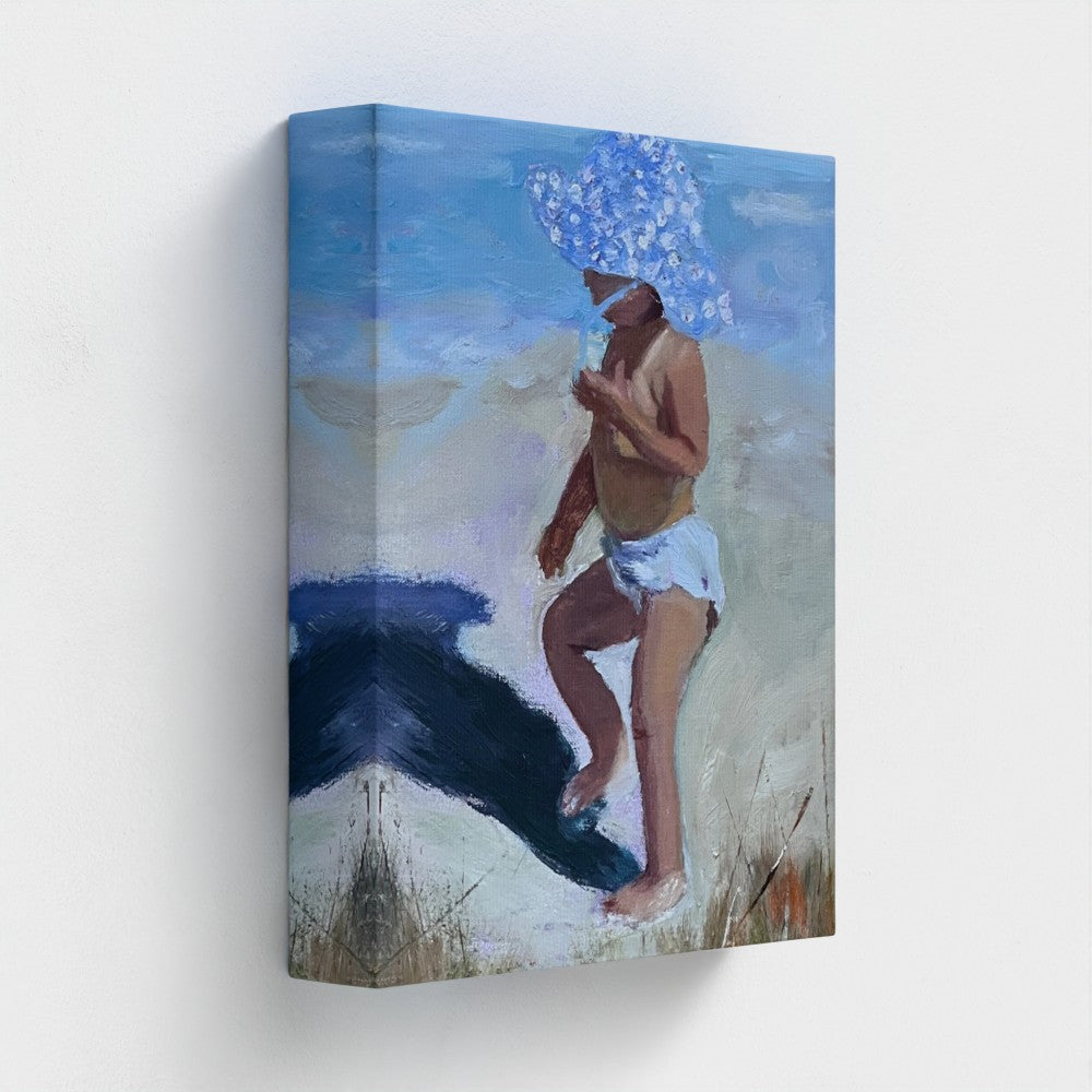 Impressionist painting of a young child in a wide polka-dotted blue hat with beach shoreline and bright summer light