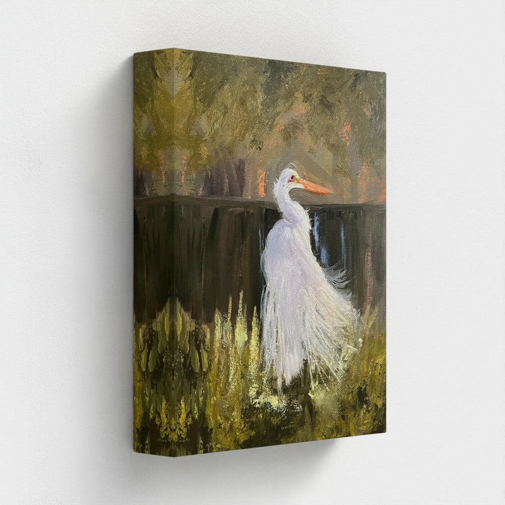 Impressionist painting of a white egret standing in marsh water with subtle reflections and warm sunlight