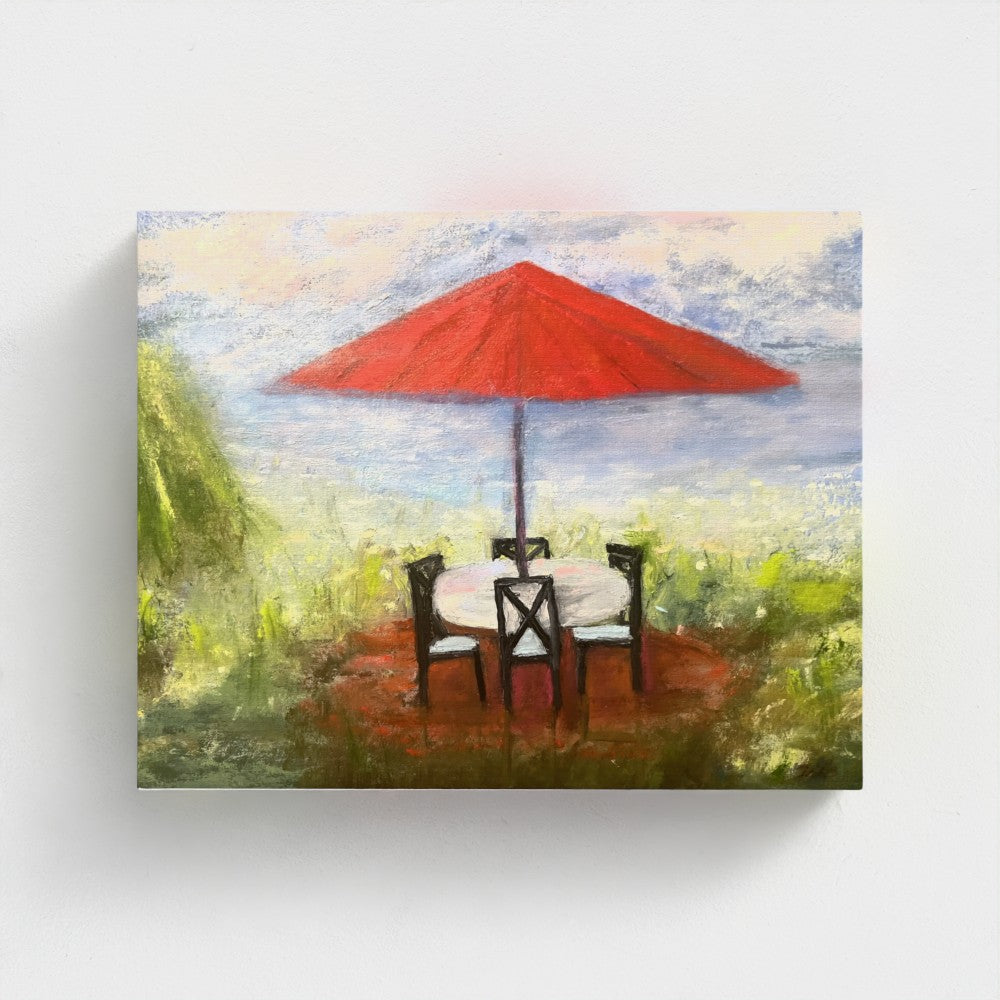 Impressionistic painting of an outdoor setting with a red umbrella, table, and chairs.