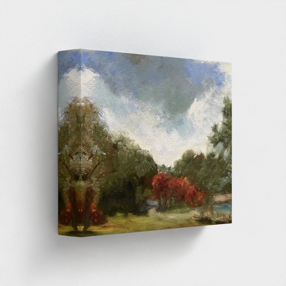 Impressionist painting of still water with soft sky reflections and gentle light