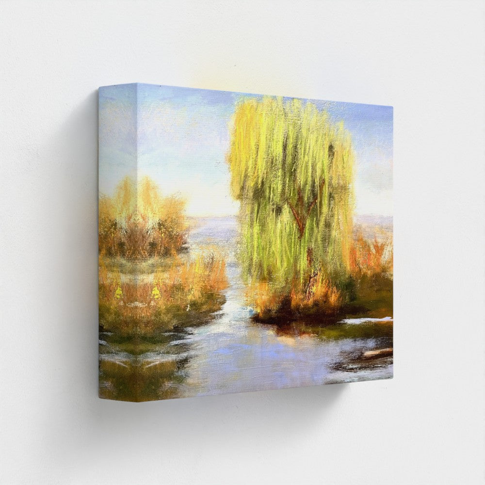 Impressionist painting of a willow tree with golden light reflected on still water