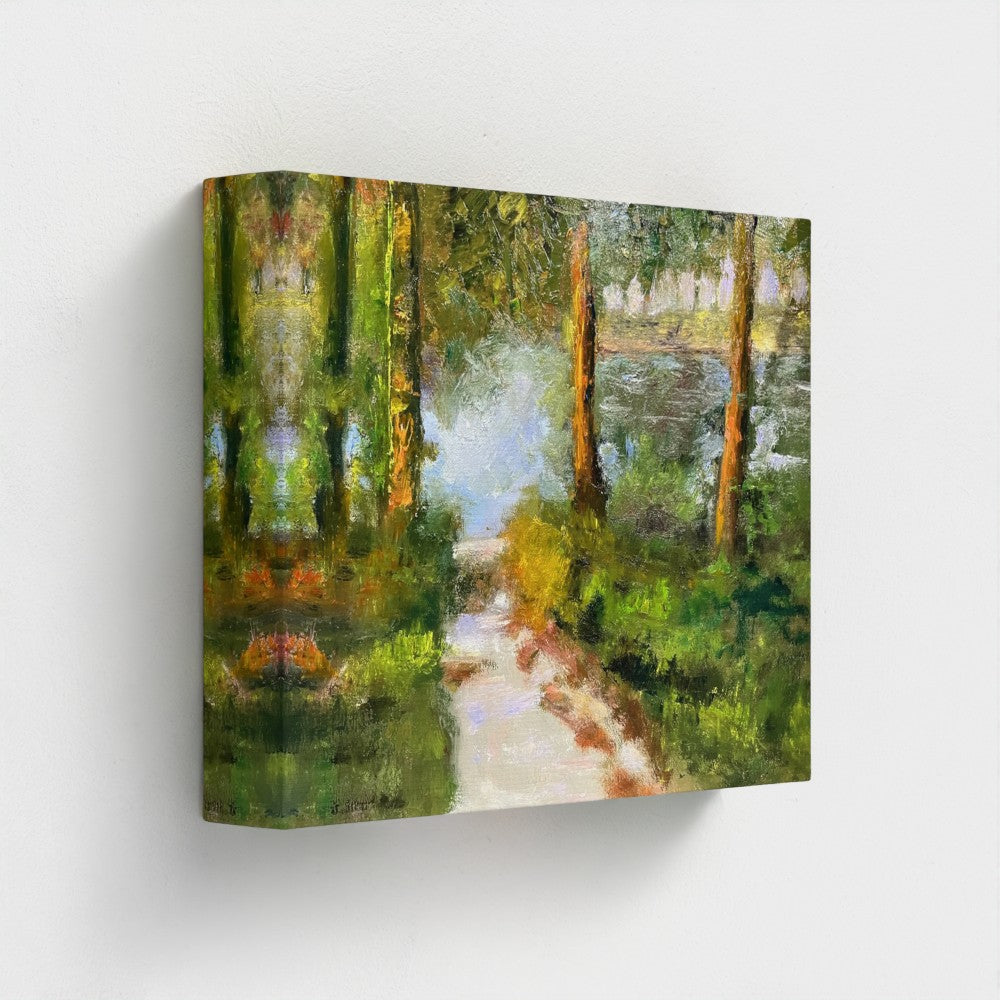 Impressionist painting of a forest lake with trees, a shoreline path, and soft morning light