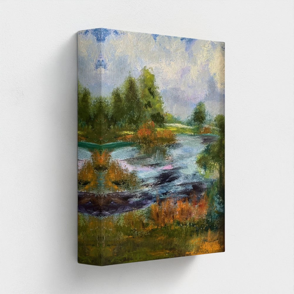 Impressionist painting of trees with golden morning light over dew-lit grass