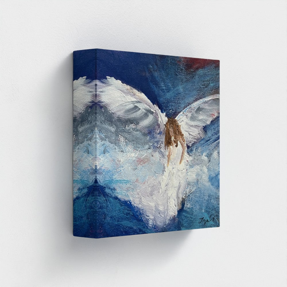 Impressionist painting of swirling white and blue light suggesting wings and airy movement